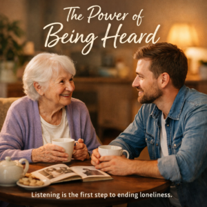 Volunteer listening to an elderly woman while sharing tea, representing companionship and connection for seniors experiencing loneliness.