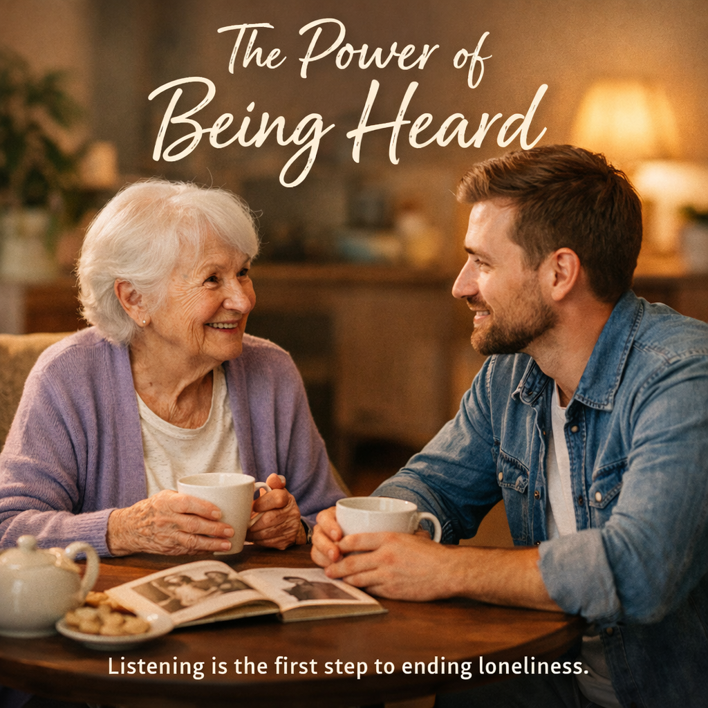 Volunteer listening to an elderly woman while sharing tea, representing companionship and connection for seniors experiencing loneliness.