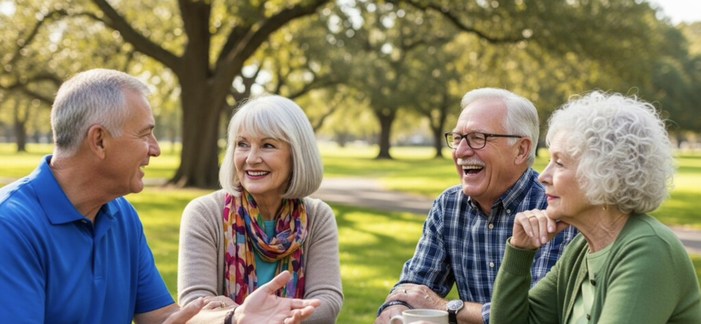 Two friends reconnecting and talking together in a park after experiencing life changes.