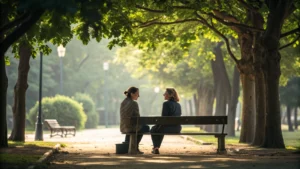 Two friends reconnecting and talking together in a park.