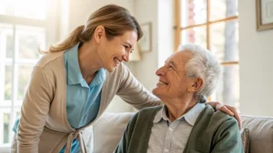 A family caregiver and older adult receiving support from a loved one.
