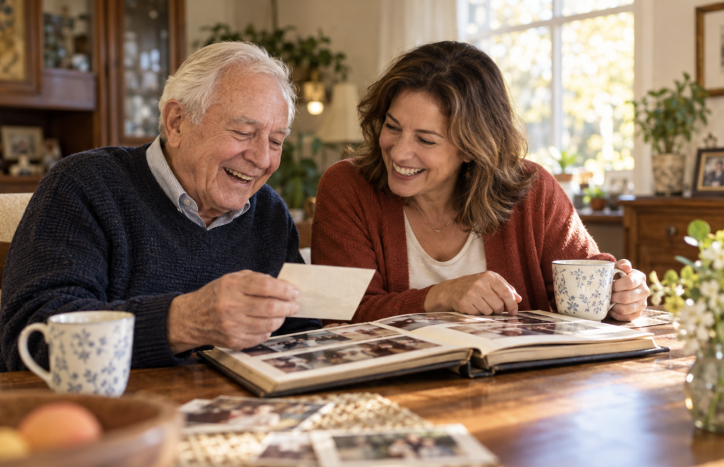 A younger adult and an older adult laughing together while painting pottery at a community arts workshop.