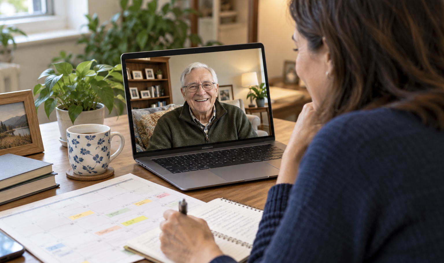 A long-distance caregiver speaking with her older father by video while reviewing a shared care calendar.